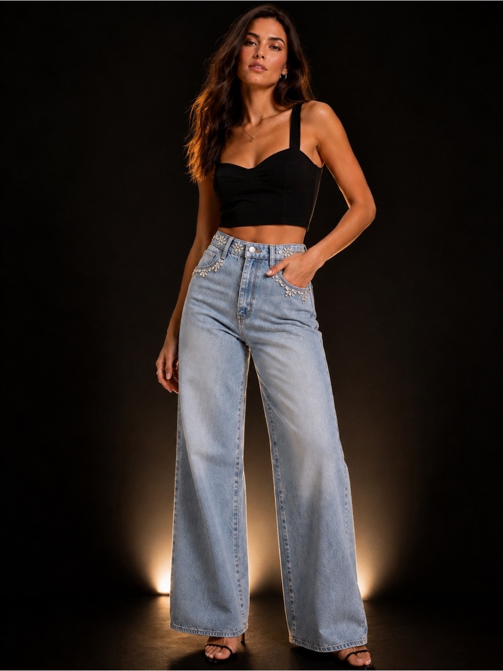 BLANKNYC The Franklin Ribe Cage Wide Leg Jeans 30 Crystal Embellished NWT